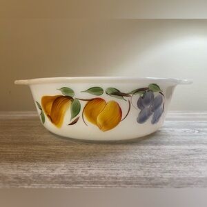 Fire King Gay Fad Hand Painted Fruit 1.5 Quart Round Casserole